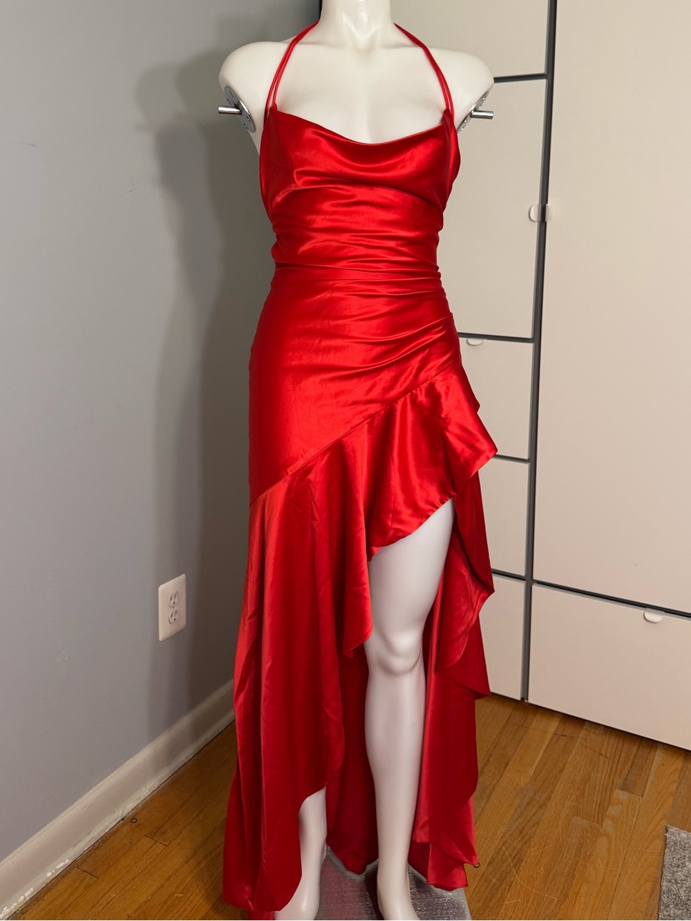 Satin Red Halter High-Low Ruffle Dress - Picture 3 of 5